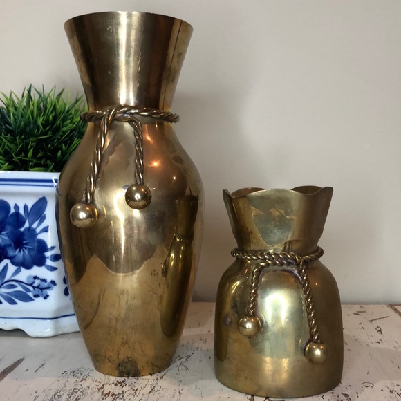 Set of 2 Brass Vases with Tassel Detail